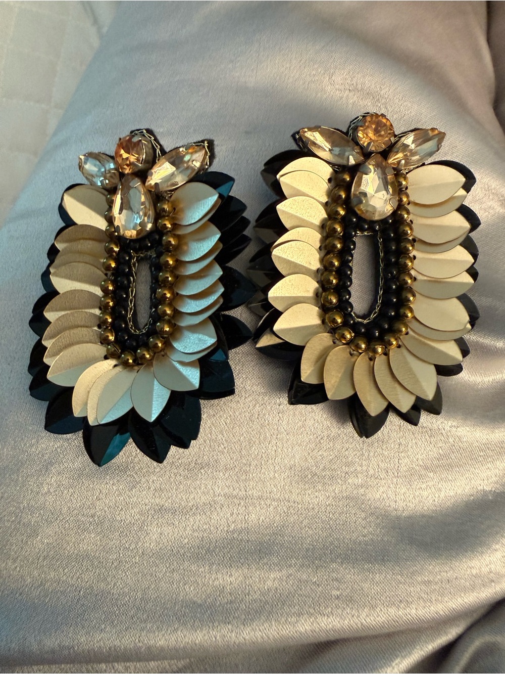 Statement Black and Cream Beaded Floral Drop Earrings